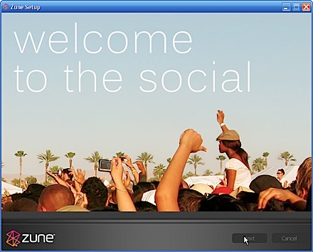 A picture of one of the Zune's installation screens, that says 'Welcome to the social'