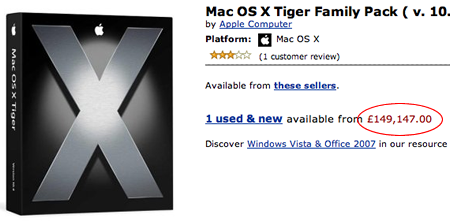 A picture of the Mac OS X Family Pack page from amazon.co.uk, showing the price as £149,147.00
