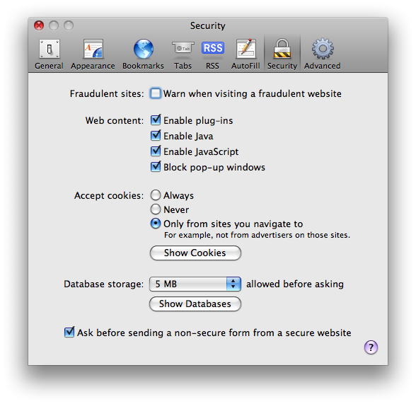 A picture of the Security tab of Safari's preference pane