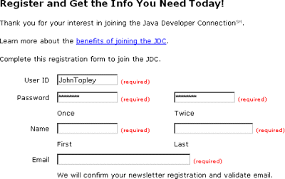 Java Developer Connection registration form
