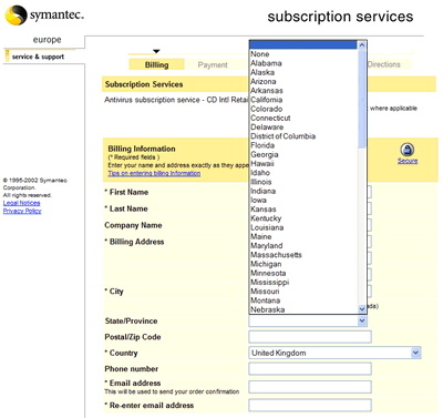 A picture of the Symantec European subscription renewal page